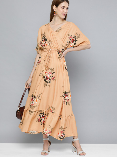 

HERE&NOW Women Beige & Green Printed Maxi Dress with Tie-Up Detailing