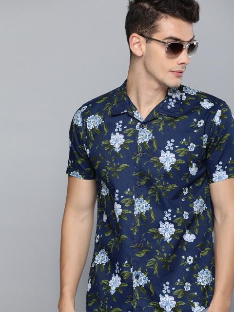 Men Navy Blue & Green Slim Fit Printed Casual Shirt