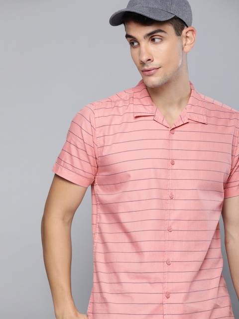 

HERE&NOW Men Pink & Navy Blue Slim Fit Striped Casual Shirt