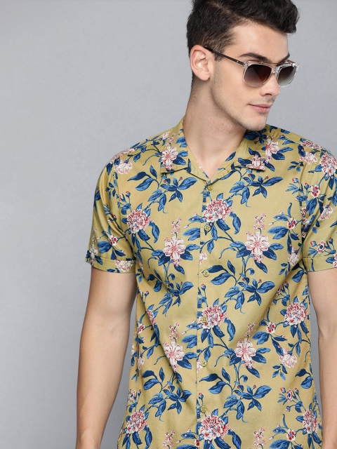 Men Khaki & Navy Blue Slim Fit Printed Casual Shirt