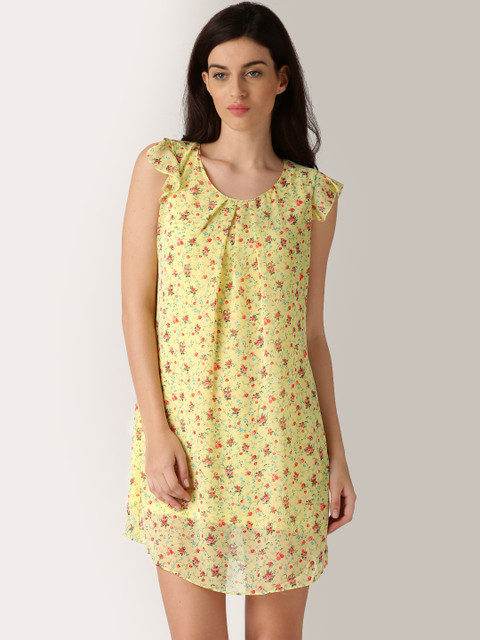

DressBerry Yellow Floral Print Polyester Crepe Shift Dress