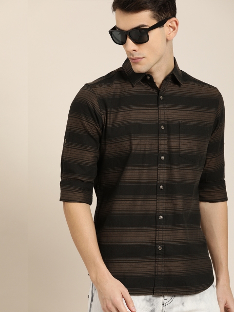 

Moda Rapido Men Black & Brown Slim Fit Striped Casual Shirt