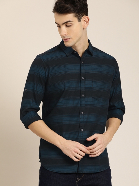 

Moda Rapido Men Black & Teal Blue Slim Fit Striped Casual Shirt
