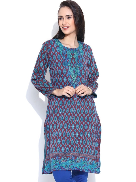 

BIBA OUTLET Maroon & Blue Printed Winter Straight Kurta