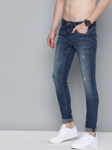 

HERE&NOW Men Blue Skinny Fit Mid-Rise Low Distress Stretchable Jeans
