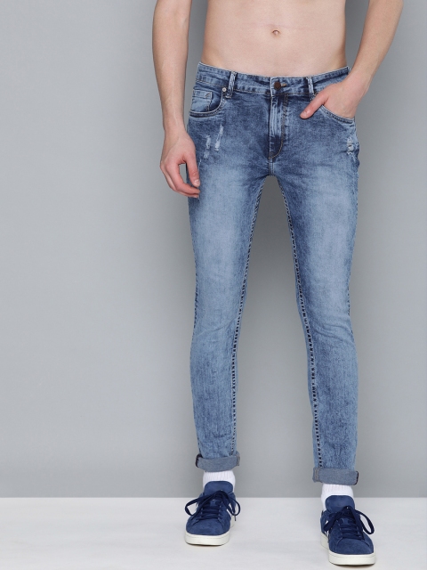 

HERE&NOW Men Blue Skinny Fit Mid-Rise Low Distress Stretchable Jeans