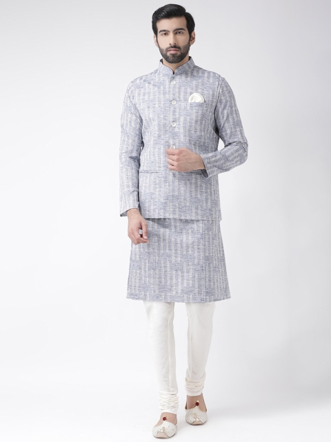 

KISAH Men Blue & White Printed Handloom Kurta with Churidar & Nehru Jacket