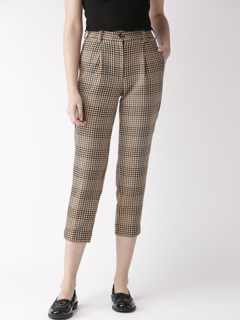 

Marks & Spencer Women Beige & Black Tapered Fit Checked Cropped Regular Trousers