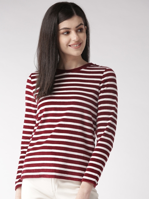 

Marks & Spencer Women Maroon & White Striped Velvet Finish T-shirt