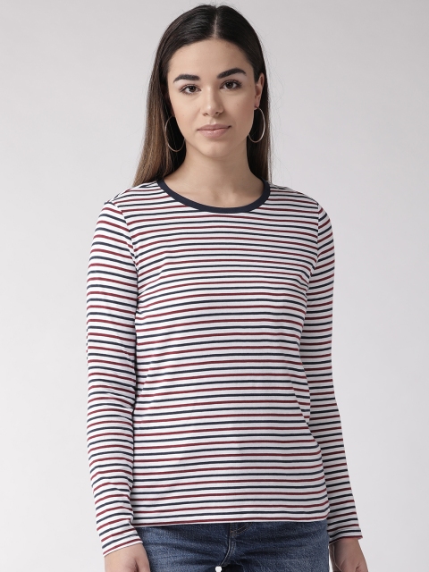 

Marks & Spencer Women White & Navy Blue Striped Round Neck T-shirt