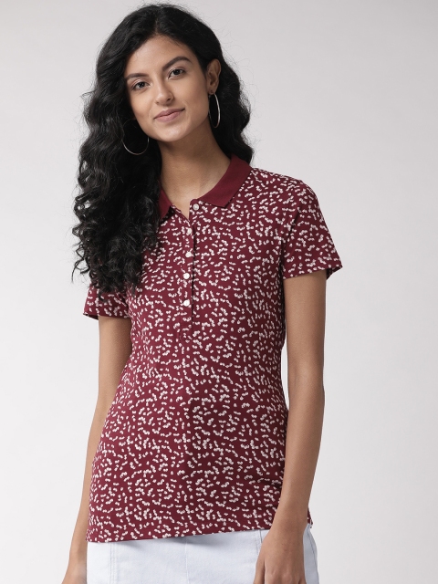 

Marks & Spencer Women Maroon & Off-White Printed Polo Collar T-shirt