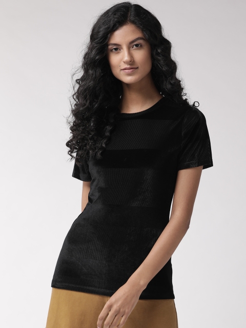 

Marks & Spencer Women Black Self-Striped Round Neck Velvet Finish T-shirt