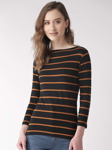 

Marks & Spencer Women Black & Mustard Brown Striped Round Neck T-shirt