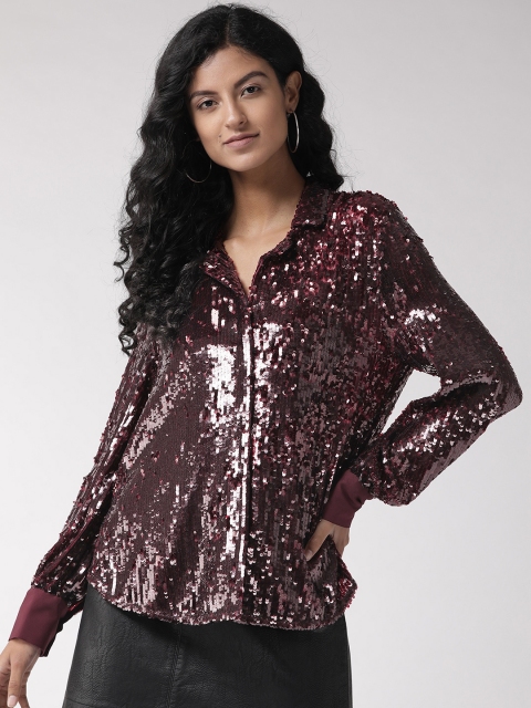 

Marks & Spencer Women Burgundy Regular Fit Sequinned Party Shirt