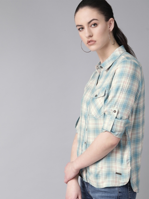 

Roadster Women Blue & Off-White Regular Fit Checked Casual Shirt