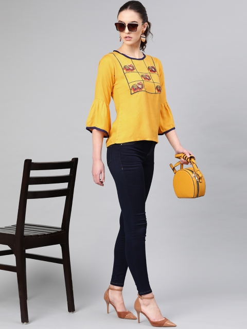 

MITAHA Women Mustard Yellow Embroidered Top