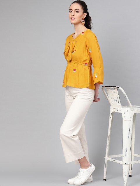 

MITAHA Women Mustard Yellow & Red Embroidered Cinched Waist Top