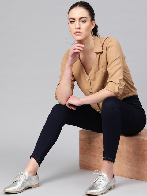 

MITAHA Women Beige Regular Fit Solid Casual Shirt