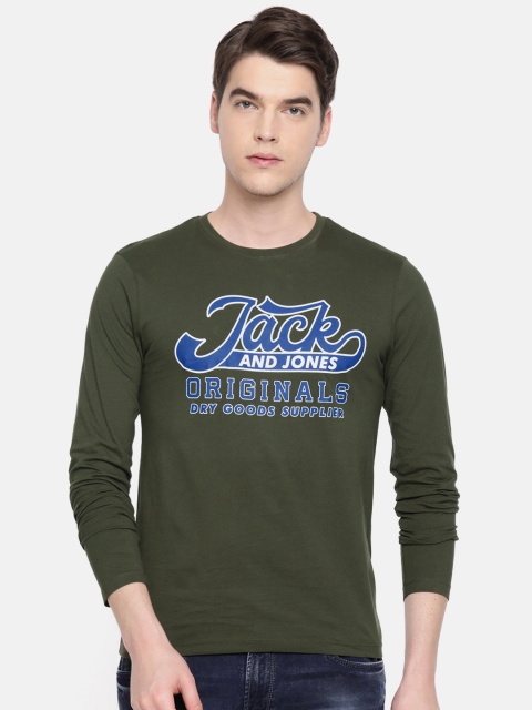 

Jack & Jones Men Olive Green & Blue Classic Fit Printed Round Neck T-shirt