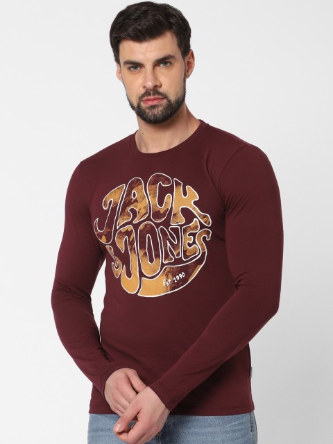 

Jack Jones Men Maroon Printed Round Neck Pure Cotton T-shirt