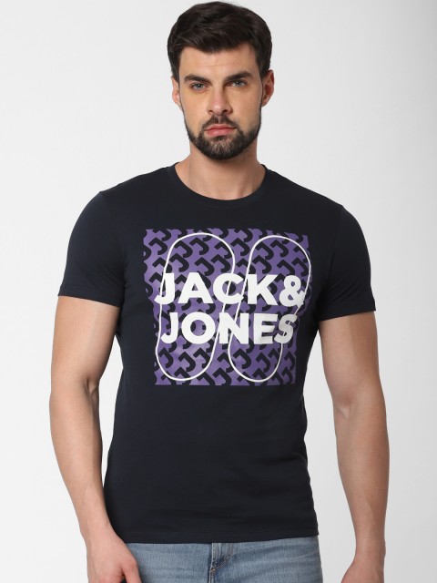 

Jack Jones Men Navy Blue Printed Round Neck Pure Cotton T-shirt