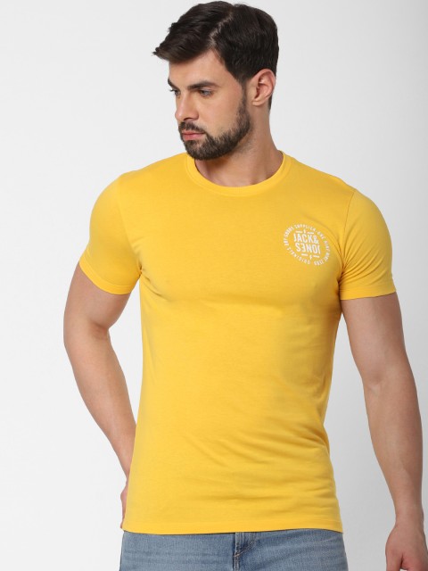 

Jack Jones Men Yellow Solid Round Neck Pure Cotton T-shirt