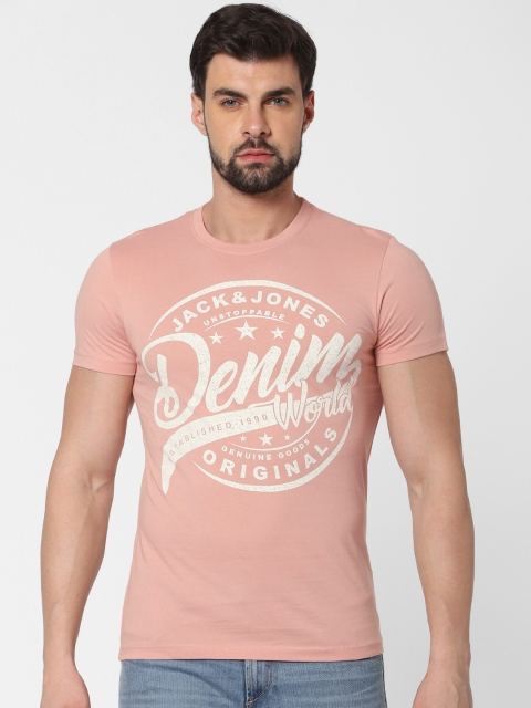 

Jack Jones Men Pink Printed Round Neck Pure Cotton T-shirt