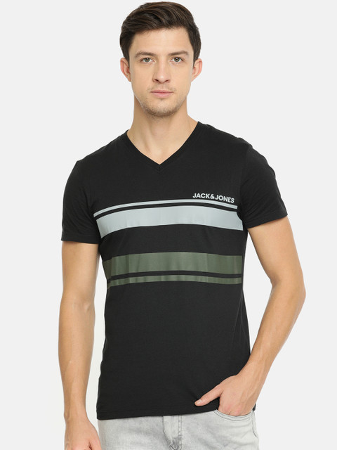 

Jack & Jones Men Black Striped V-Neck T-shirt