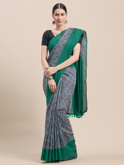 

Rajnandini Grey & Green Cotton Blend Checked Saree