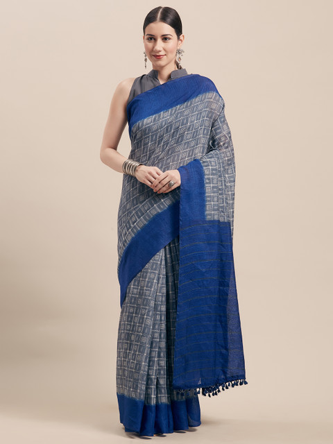 

Rajnandini Grey & Blue Cotton Blend Checked Saree
