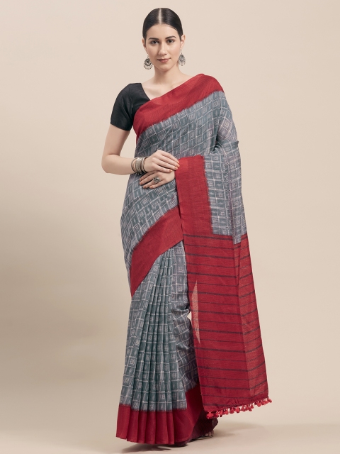 

Rajnandini Grey & Red Cotton Blend Checked Saree