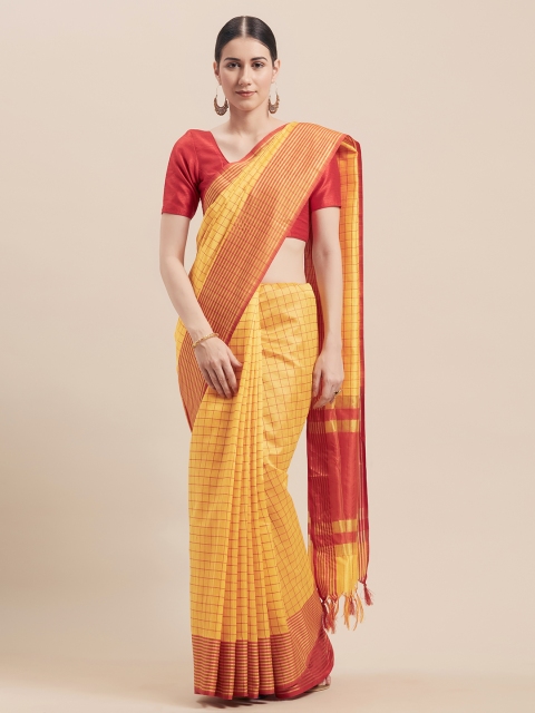

Rajnandini Yellow & Red Cotton Blend Checked Saree