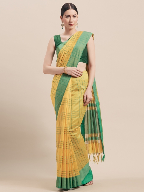 

Rajnandini Yellow & Green Cotton Blend Checked Saree