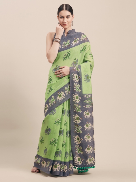 

Rajnandini Green & Grey Cotton Blend Printed Saree