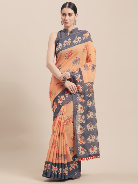 

Rajnandini Peach-Coloured & Grey Cotton Blend Printed Saree