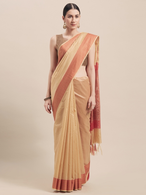 

Rajnandini Beige & Red Cotton Blend Striped Saree