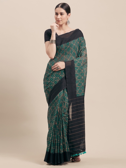 

Rajnandini Green & Black Cotton Blend Checked Saree