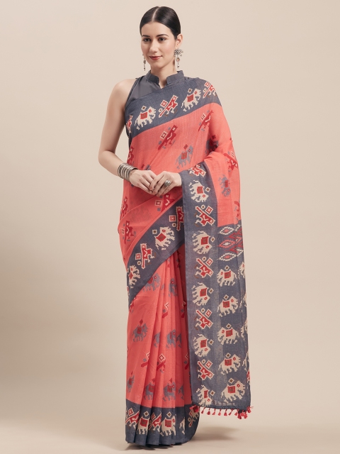 

Rajnandini Peach-Coloured & Grey Cotton Blend Printed Saree