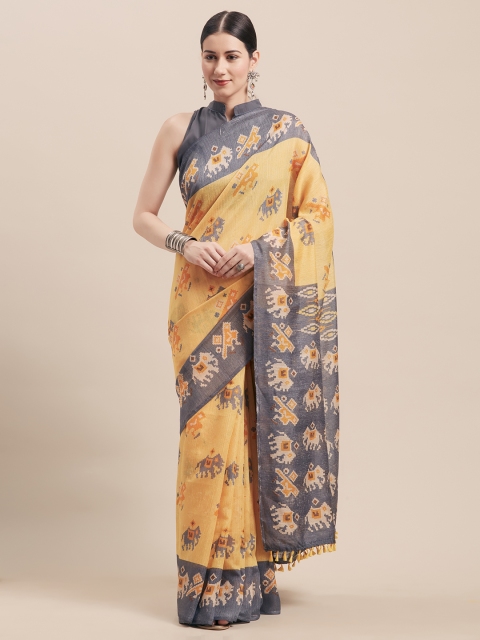 

Rajnandini Yellow & Grey Cotton Blend Printed Saree