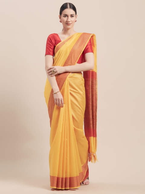 

Rajnandini Yellow & Red Cotton Blend Striped Saree