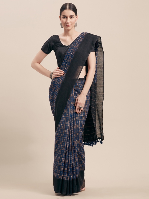 

Rajnandini Navy Blue & Black Cotton Blend Checked Saree