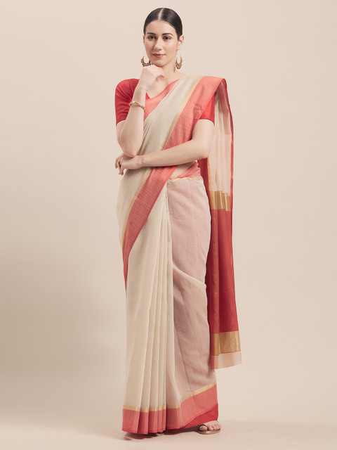 

Rajnandini Beige & Red Cotton Blend Woven Design Saree