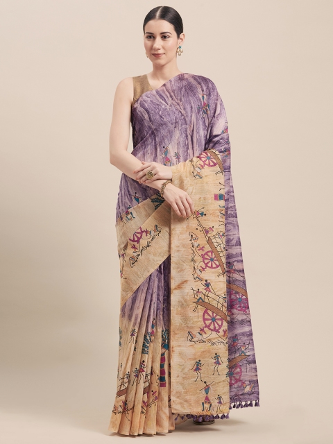 

Rajnandini Beige & Violet Cotton Blend Printed Saree