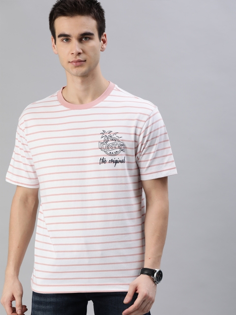 

Levis Men White Pink Striped Round Neck Pure Cotton T-shirt