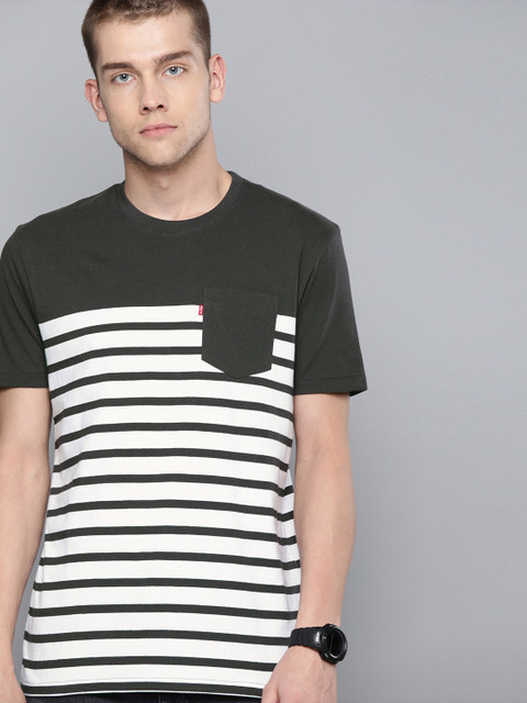 

Levis Men Charcoal Grey & White Striped Round Neck T-shirt