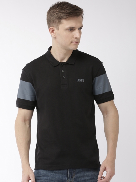 

Levis Men Black Solid Polo Collar Pure Cotton T-shirt With Printed Sleeve Detail