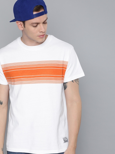 

Levis Men White & Orange Striped Round Neck T-shirt