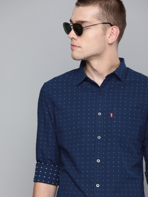 Men Blue Slim Fit Self Design Casual Shirt