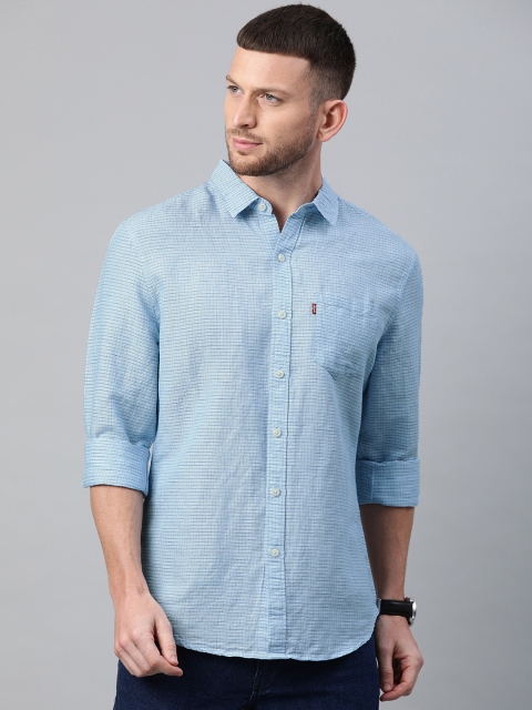 

Levis Men Blue Regular Fit Self Checked Linen Casual Shirt With Sunset Pocket
