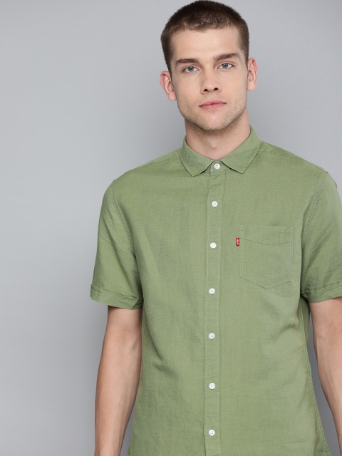 

Levis Men Olive Green Slim Fit Solid Casual Linen Shirt